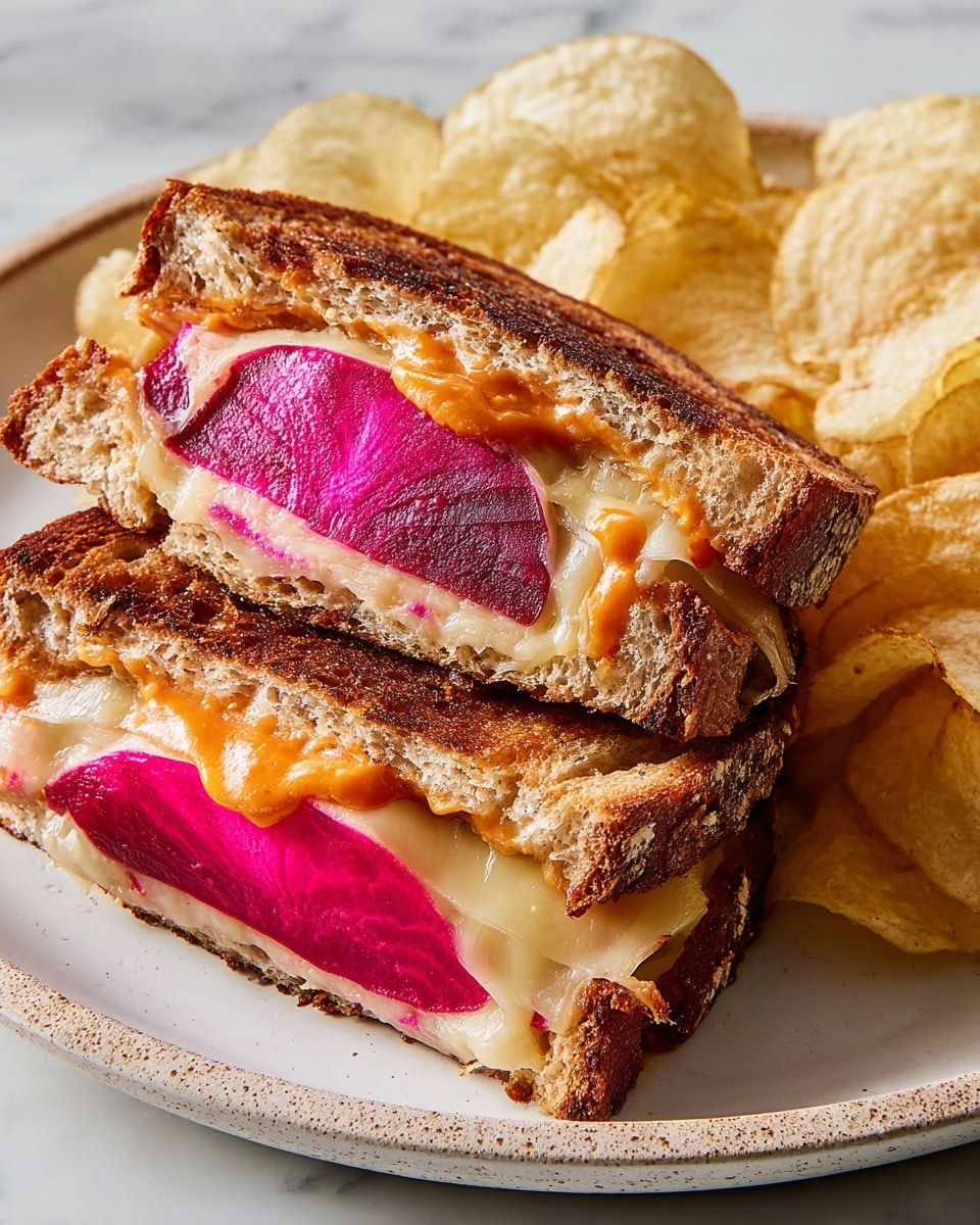 A grilled sandwich cut in half showing three inside layers: melted cheese with a creamy texture at the bottom, bright pink pickled vegetables including thick slices of beet with a smooth, shiny surface in the middle, and a layer of orange sauce drizzling slightly from the top. The sandwich bread is toasted to a golden brown with crisp edges and a soft interior. The sandwich halves are placed on a white plate with light brown speckles, and the plate is surrounded by light yellow, crispy potato chips. The whole scene is set on a white marbled surface. photo taken with an iphone --ar 4:5 --v 7
