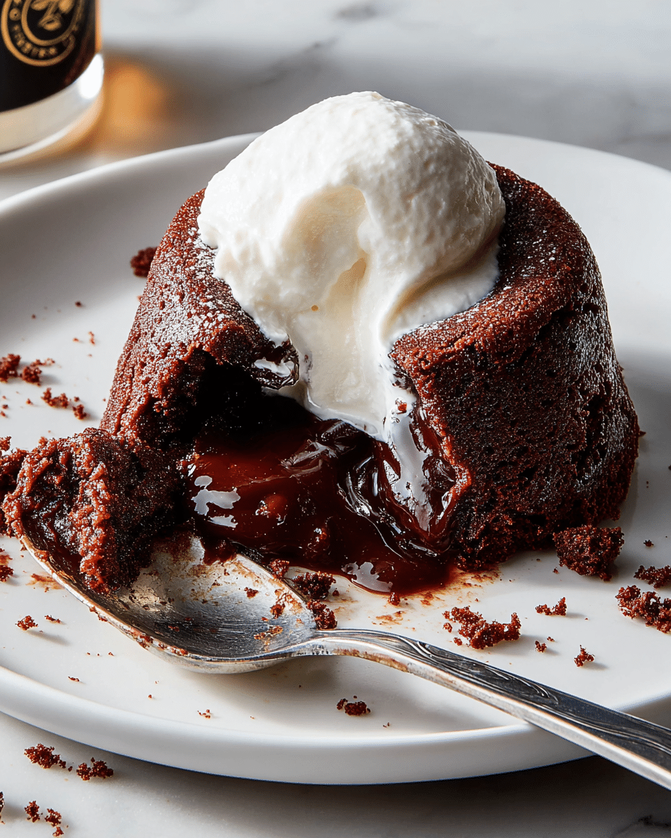 A white plate holds a rich chocolate lava cake with a rough textured outer layer of dark brown cake, broken open to show a shiny, smooth, and gooey dark chocolate center spilling out. On top of the cake sits a dollop of soft, white cream with a light fluffy texture that covers part of the molten center. A silver spoon rests on the edge of the plate, speckled with crumbs and some white cream. The plate is set on a white marbled surface with scattered chocolate crumbs around it. Photo taken with an iphone --ar 4:5 --v 7