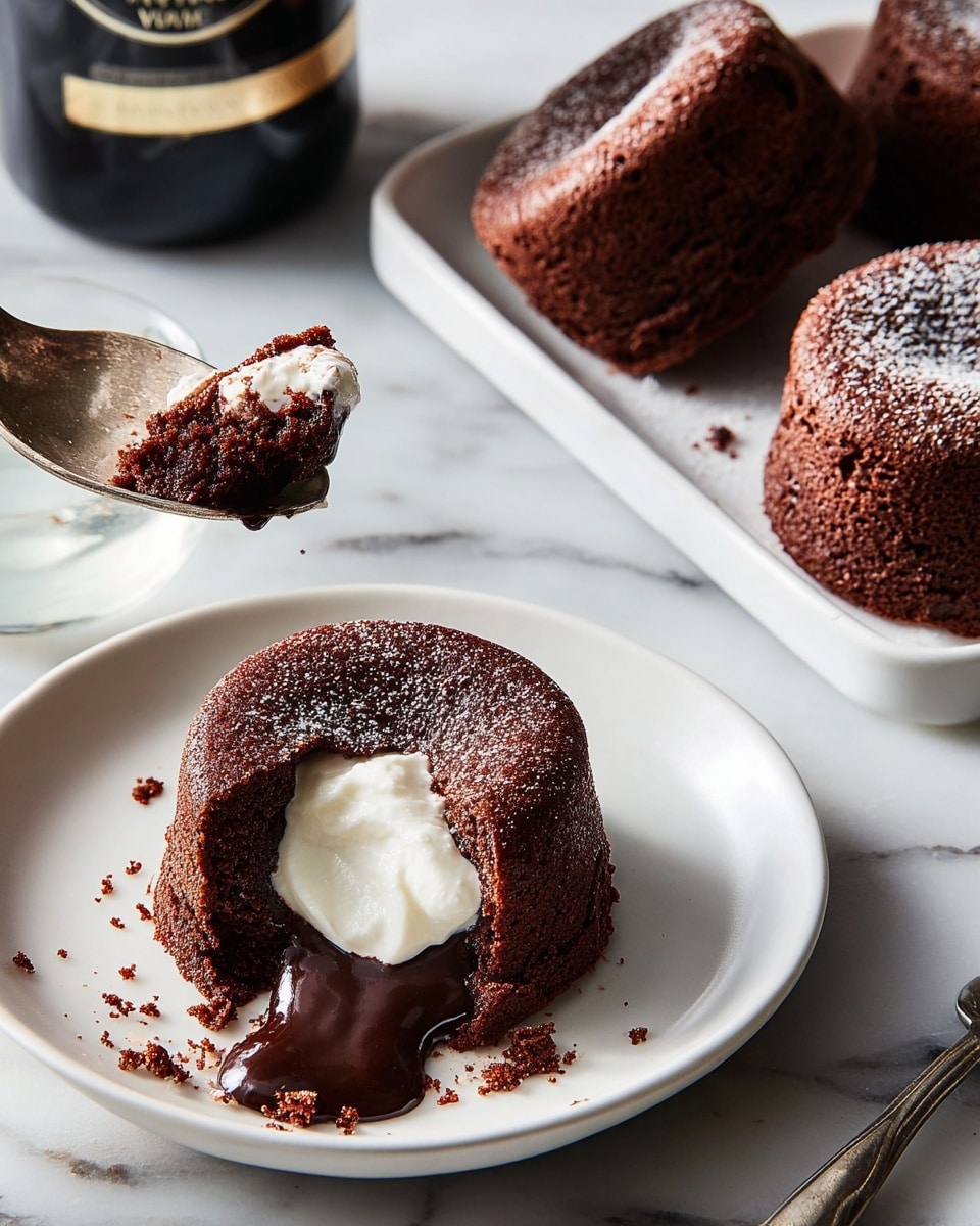 The image shows a close-up of a rich, round chocolate lava cake split open on a white plate, revealing a warm, gooey dark chocolate center oozing out beneath a smooth, white cream layer on top. The cake’s outer texture looks moist and slightly crumbly, with some crumbs scattered on the plate. A tarnished metal spoon holds a small bite of the cake and cream above the plate. Next to the plate, a white rectangular tray holds two whole chocolate lava cakes with a cracked, textured surface. In the background, a dark glass bottle with a black cap sits on a white marbled surface. photo taken with an iphone --ar 4:5 --v 7