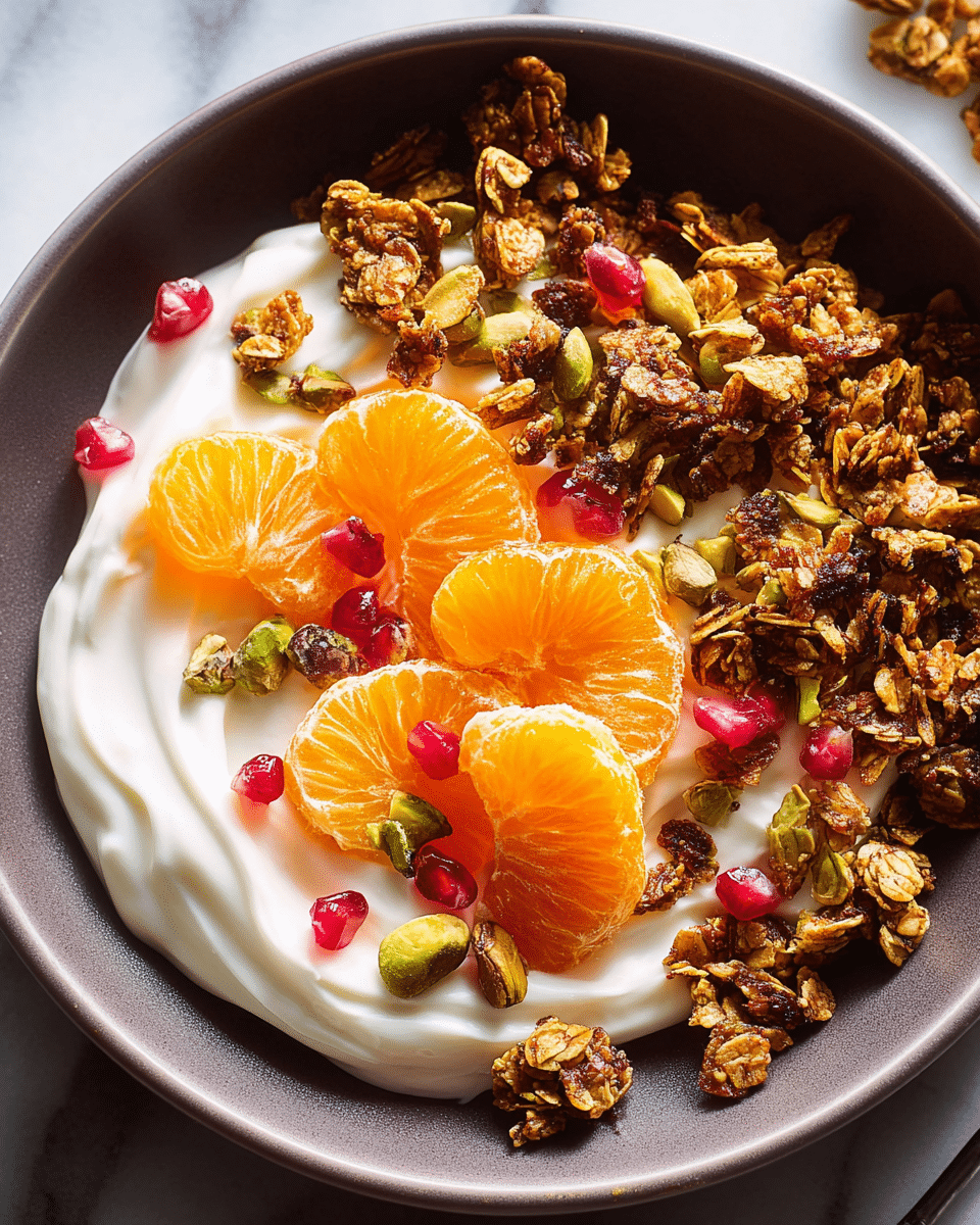 A dark gray bowl holds a dish with one main layer of creamy, smooth white yogurt spread in a circular shape. On top of this layer, there are several clusters of crunchy, golden-brown granola scattered unevenly around the yogurt. Bright orange mandarin slices are placed in between the granola, showing their juicy texture. Small, shiny red pomegranate seeds are sprinkled sparsely over the yogurt and granola. There are also a few green pistachio nuts adding small pops of color. The bowl sits on a white marbled surface. photo taken with an iphone --ar 4:5 --v 7