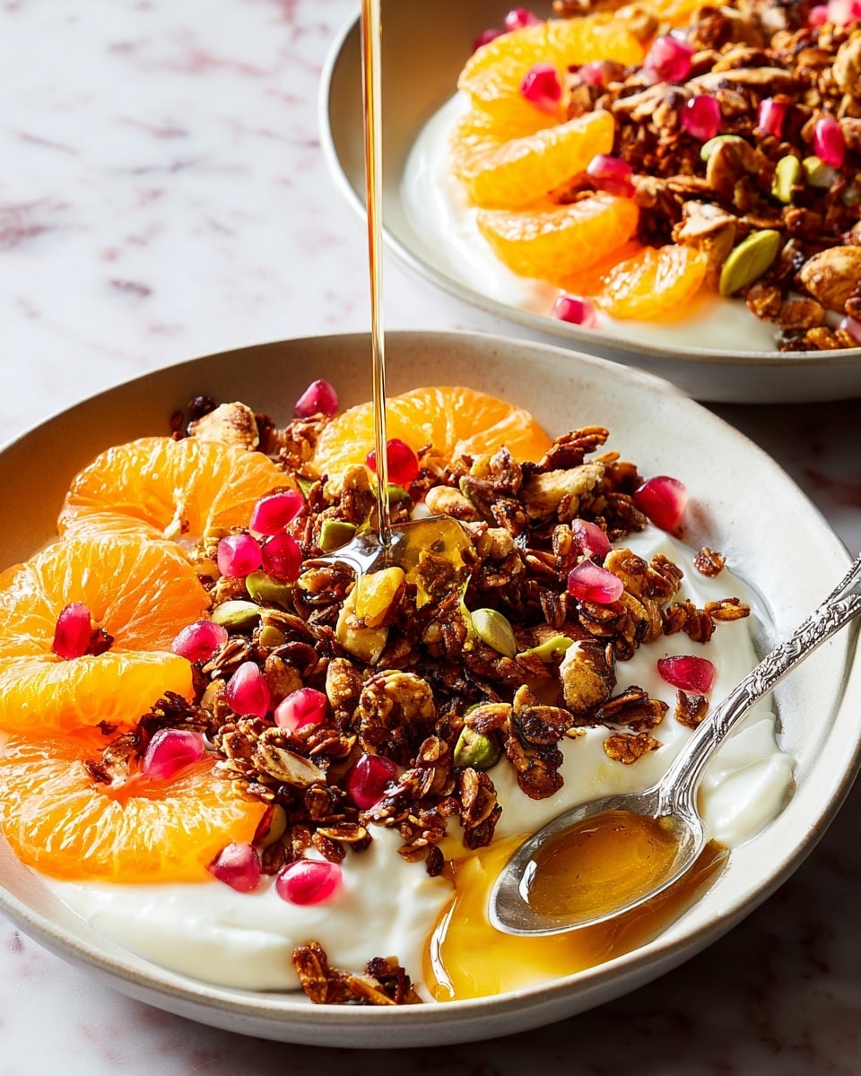 The image shows two white bowls each layered with creamy white yogurt at the bottom, topped with a generous layer of crunchy granola mixed with nuts and seeds in dark brown tones scattered evenly. Bright orange slices of mandarin are placed around the edges and pomegranate seeds add pops of red throughout. A drizzle of golden honey is being poured over the granola in the front bowl, catching light and adding shiny texture. One spoon rests inside the bowl in the foreground, all set on a white marbled surface. photo taken with an iphone --ar 4:5 --v 7