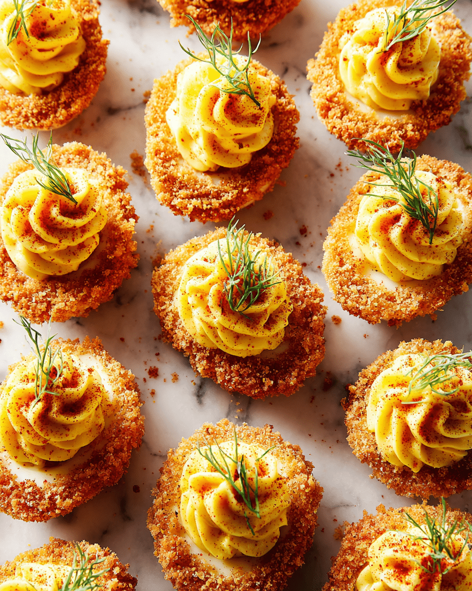 The image shows several deviled eggs arranged neatly on a white marbled surface. Each egg half has a crispy, golden-brown breadcrumb coating as the base layer. On top of each breadcrumb layer is a bright yellow, smooth filling with a swirled texture, resembling piped creamy yolk mixture. The yellow filling is lightly dusted with reddish paprika powder. A small sprig of fresh green dill sits on top of the filling, adding a touch of color and freshness. The eggs are closely placed next to each other, filling the frame evenly. photo taken with an iphone --ar 4:5 --v 7