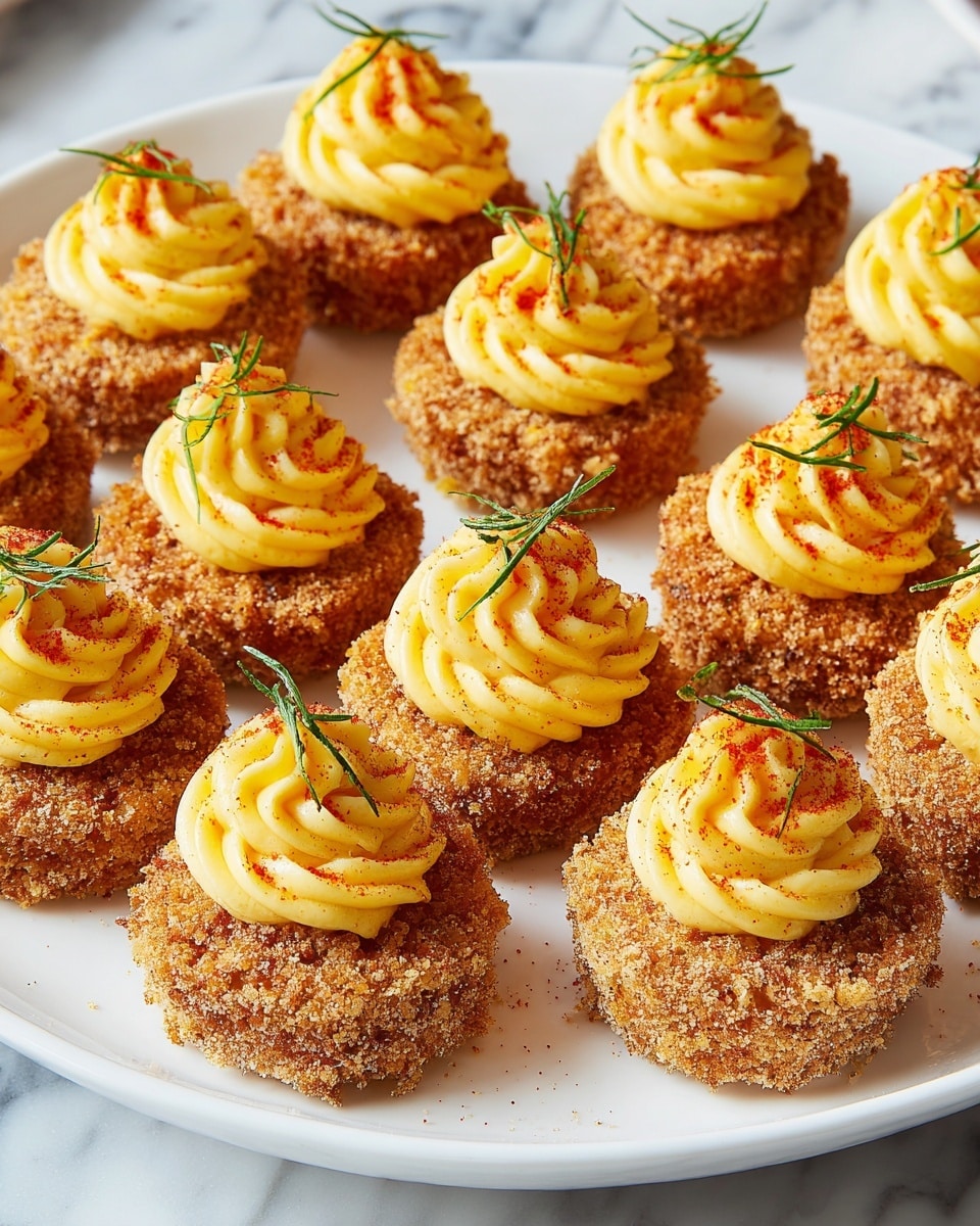 The image shows a white plate with about a dozen small round appetizers, each with two layers. The bottom layer is a crumbly golden-brown breaded cup with a rough texture, and the top layer is a piped swirl of bright yellow creamy filling dusted lightly with red spice. Each swirl is crowned with a small sprig of green herb. The plate is set on a white marbled surface. photo taken with an iphone --ar 4:5 --v 7