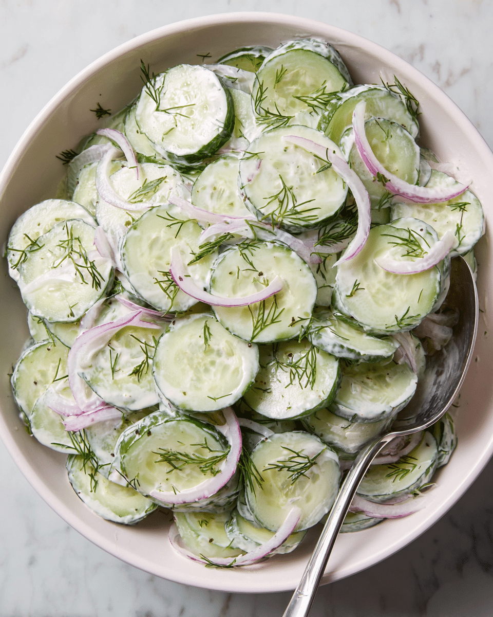 A white bowl filled with a creamy cucumber salad, showing multiple thin layers of round, light green cucumber slices with green edges mixed evenly with thin, curved strips of pale purple onion. The cucumber and onion are lightly coated with a smooth white creamy dressing, and small sprigs of fresh green dill are sprinkled throughout the salad. The bowl rests on a white marbled surface, and a silver spoon is partially visible on the right side inside the bowl. Photo taken with an iphone --ar 4:5 --v 7