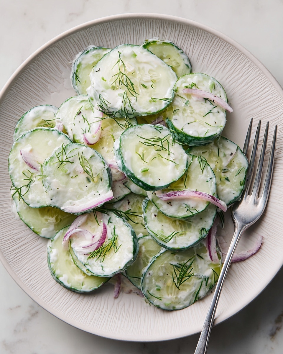 The image shows a simple cucumber salad layered on a white plate with a textured rim, placed on a white marbled surface. The dish has one main layer of thin, round cucumber slices with a pale green color and dark green edges spread across the plate. These cucumber slices are coated lightly with a creamy white dressing, which adds a glossy texture. Scattered over the cucumbers are small pieces of fresh green dill, adding fine details and contrast. Thin slices of purple-red onion are mixed in among the cucumbers, adding a light touch of color variation. A silver fork rests on the right side of the plate, completing the simple, fresh look of the salad. photo taken with an iphone --ar 4:5 --v 7