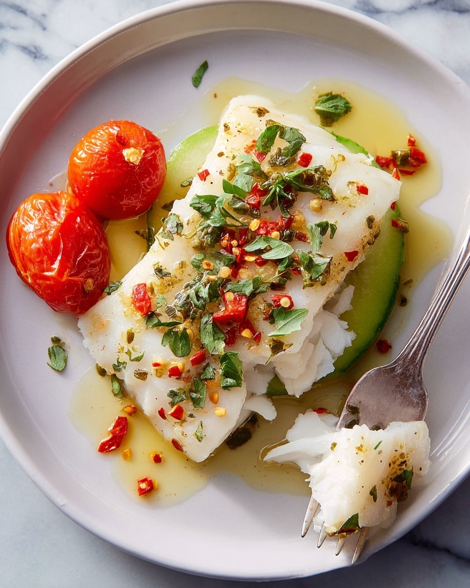 A white rectangular piece of cooked fish sits in the center of a white plate, topped with small green herb leaves and red chili flakes, giving it a slightly spicy look. Underneath the fish, there is a thin slice of light green cucumber or squash. To the left side, two roasted bright red cherry tomatoes add a pop of color. A silver fork rests on the right side of the plate, holding a small chunk of the fish. The fish looks tender and flaky, with a drizzle of oil around it. The background is a white marbled texture. photo taken with an iphone --ar 4:5 --v 7