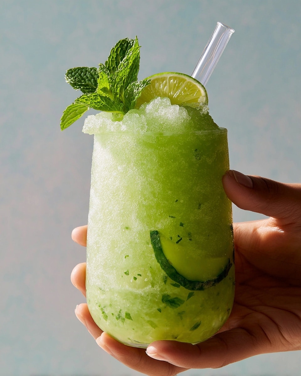 A bright green slushy drink fills a short, curvy clear glass with visible texture of crushed ice and small bits of green herbs inside. A thin slice of cucumber is pressed against the inside near the side. At the top, there is a small pile of icy slush slightly overflowing, decorated with fresh bright green mint leaves and a green lime wedge placed on the rim. A clear straw sticks out from the top. A woman's hand holds the glass on the right side against a soft light background. Photo taken with an iphone --ar 4:5 --v 7