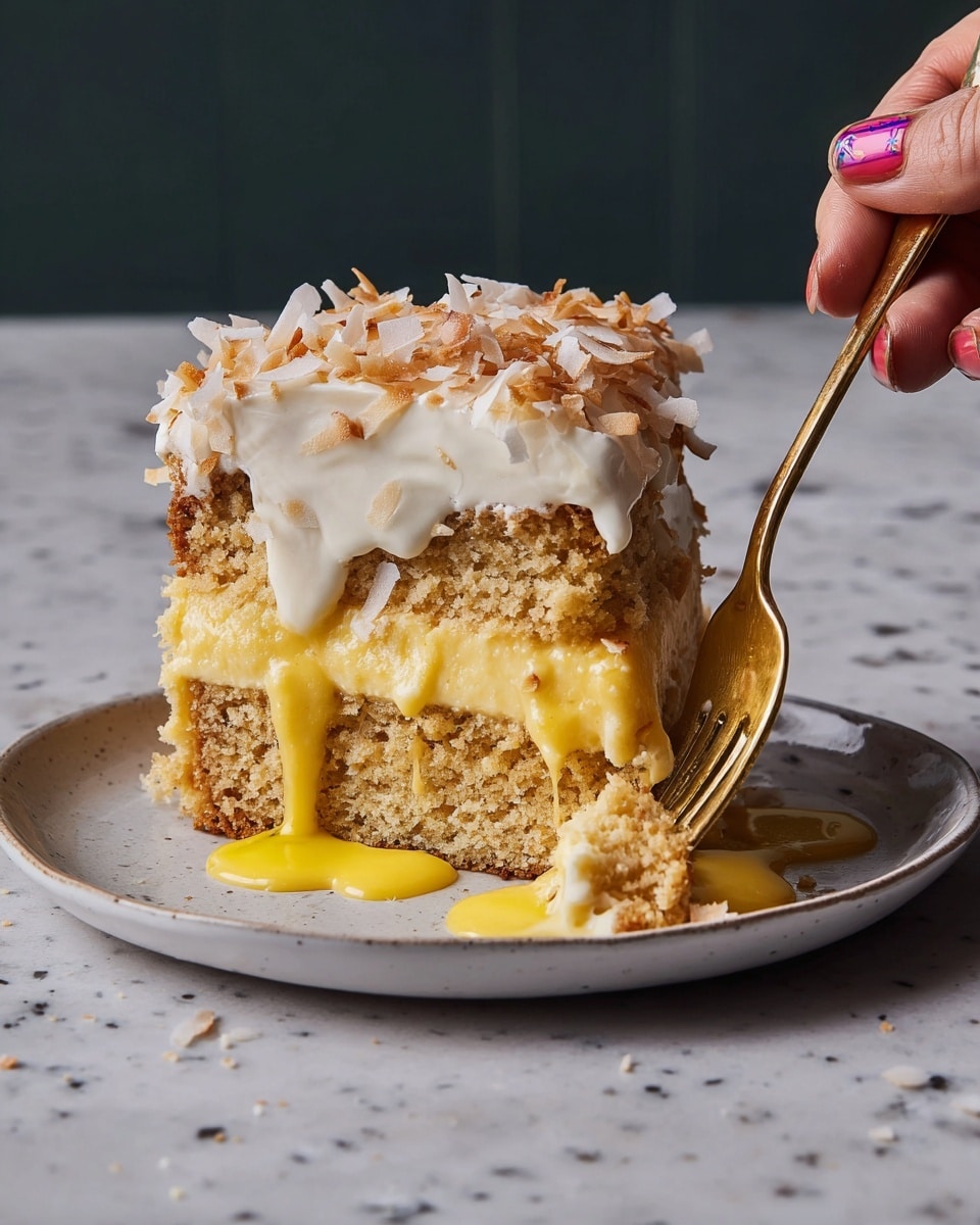 A slice of two-layer cake on a white plate with a white marbled surface, featuring a bottom layer of light brown sponge cake topped with bright yellow creamy filling dripping slightly down the side. The top layer is another light brown sponge cake covered with a thick layer of smooth, creamy off-white frosting. The top frosting is sprinkled with toasted coconut flakes, adding texture and a golden color. A golden fork is digging into the cake from the right, held by a woman's hand with painted nails. Photo taken with an iphone --ar 4:5 --v 7