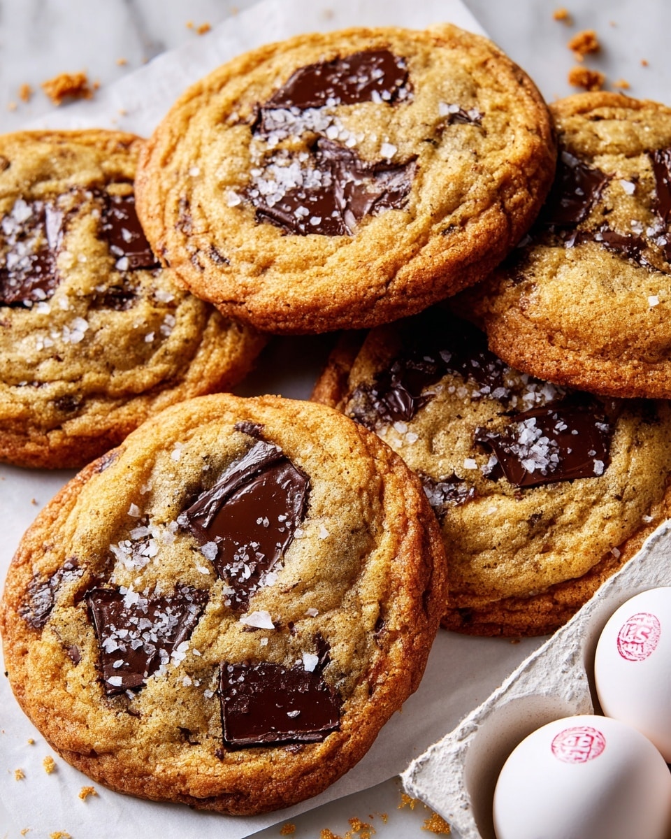 The image shows a close-up of several golden-brown chocolate chip cookies stacked and overlapping on white parchment paper, resting on a white marbled surface. Each cookie has dark melted chocolate chunks embedded in it, with some flakes of coarse salt sprinkled on top, adding a rough texture. The edges of the cookies are slightly darker and crispy-looking, while the centers are soft and chewy. On the right side, a white egg carton holds white eggs with red stamps, partially visible. There are small scattered cookie crumbs around the cookies. photo taken with an iphone --ar 4:5 --v 7