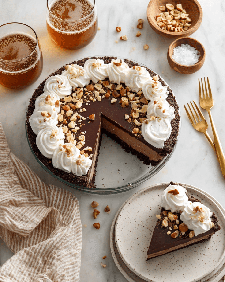 A round pie with a dark chocolate crumb crust holds three layers: a bottom layer of light brown, a thick middle layer of darker chocolate, and a glossy dark chocolate top layer sprinkled with chopped hazelnuts. Around the edge, large swirls of white whipped cream form a ring. One slice is cut and placed on a stack of two white plates with speckled edges, topped with two smaller whipped cream swirls and hazelnuts. Two amber-colored glasses with bubbles sit nearby on a white marbled surface, along with two gold forks on a beige and white striped cloth. A small wooden bowl with chopped hazelnuts and another with coarse sea salt sit beside the pie. Photo taken with an iphone --ar 4:5 --v 7