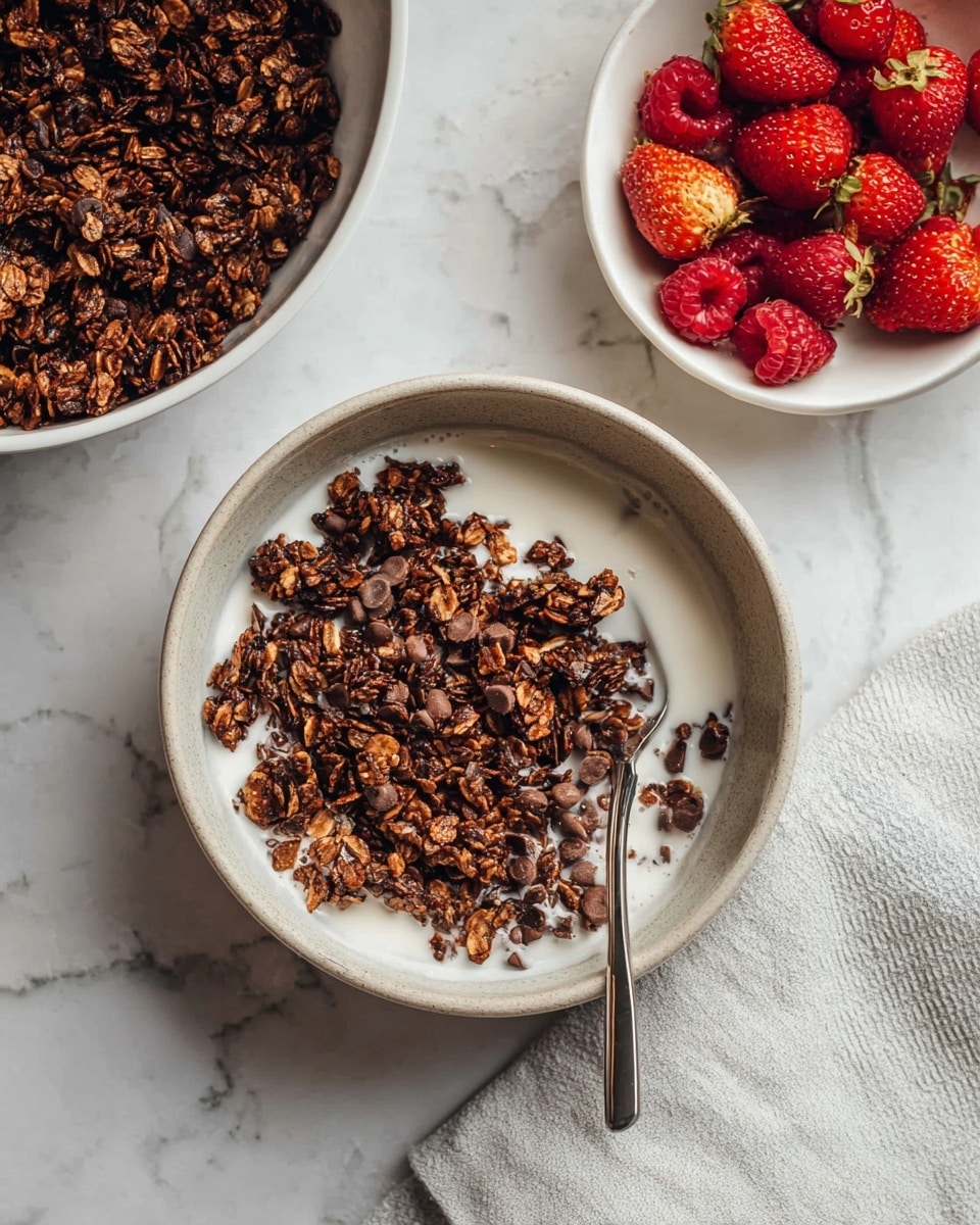 The image shows a bowl of granola with milk. The bowl is filled with white milk as the base layer and topped with a thick layer of dark brown granola mixed with chocolate chips, giving it a rough and crunchy texture. A silver spoon is placed inside the bowl on the right side, partly submerged in the granola and milk. Above this bowl, there is another bowl filled only with the same dark brown granola. On the top right, there is a white bowl filled with fresh red strawberries and raspberries. The scene is set on a surface with a white marbled texture, and a light gray and white striped cloth napkin rests on the right side of the image. photo taken with an iphone --ar 4:5 --v 7