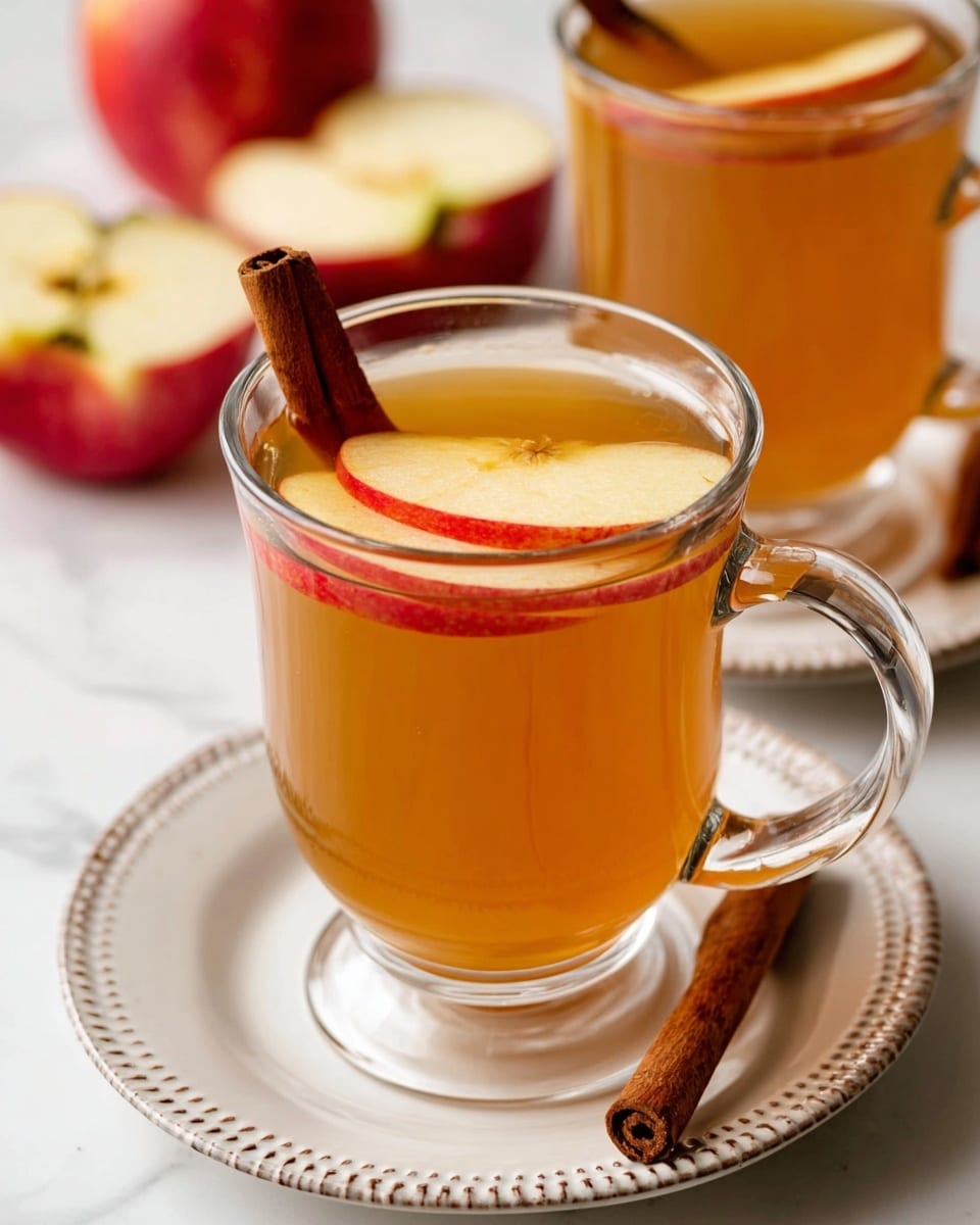 The image shows a clear glass mug filled with warm golden-brown apple cider. Inside the mug, two thin red apple slices float on top, adding a light yellow and red layer near the surface. Two cinnamon sticks stand upright, slightly buried in the cider towards the side of the mug. The mug sits on a white plate with a textured, dotted rim, where an extra cinnamon stick lies horizontally next to the mug. In the background, more apple cider mugs and whole and halved red apples are slightly out of focus, all placed on a white marbled surface. photo taken with an iphone --ar 4:5 --v 7