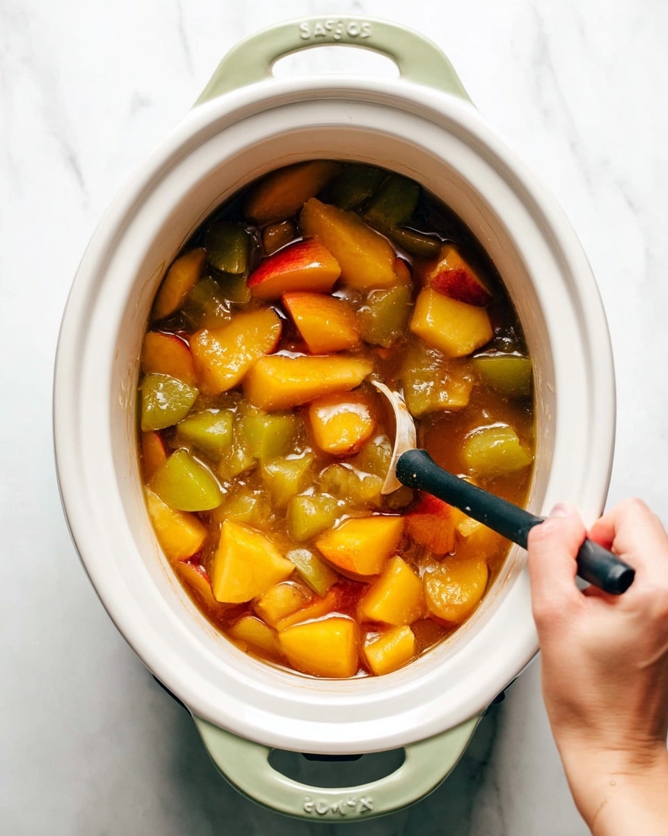 A white slow cooker filled with cooked fruit pieces in a light brown syrup, including yellow and orange chunks of soft peaches and greenish chunks of another cooked ingredient. A woman's hand is holding a black-handled tool, mashing or stirring the mixture inside the cooker. The slow cooker has pale green handles on the sides and is placed on a white marbled surface. Photo taken with an iphone --ar 4:5 --v 7