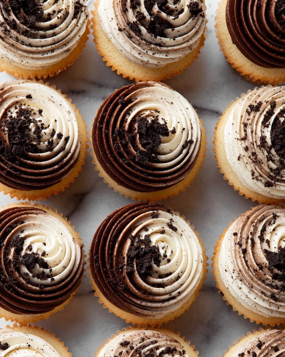 A close-up view of a half-eaten cupcake sitting on a white speckled plate with its paper liner peeled back. The cupcake has two visible layers of frosting swirled on top: one side creamy white and the other rich chocolate brown, with small dark cookie crumbs sprinkled over both. The cake itself is light beige with scattered dark cookie pieces inside, showing a soft and moist texture. In the blurred background, several more cupcakes with similar frosting swirls are visible, all placed on a white marbled surface. photo taken with an iphone --ar 4:5 --v 7