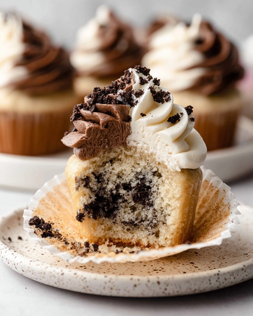 A close-up view of a group of cupcakes arranged tightly on a white marbled surface. Each cupcake has one layer of light beige cake at the bottom, topped with a thick, smooth swirl of two-tone frosting, split evenly into dark chocolate brown and white sections twisted together in a spiral pattern. The frosting is textured with fine ridges from piping and sprinkled with small chunks of dark cookie crumbs scattered gently on top, adding a slight crunch contrast. The cupcakes are all in thin beige paper liners that slightly fold outward. Photo taken with an iphone --ar 4:5 --v 7