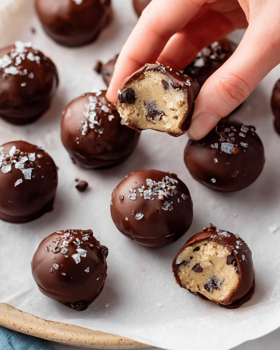 The image shows several round chocolate-covered cookie dough balls placed on white parchment paper over a white marbled texture surface. Each ball has a smooth, shiny dark brown chocolate coating with a few chocolate sprinkles and sprinkled coarse salt on top. One ball is held close to the camera by a woman's hand, showing a bite revealing a soft, pale beige cookie dough center with small dark chocolate chips inside. Another bitten ball lies on the surface nearby, showing a similar contrast of outer chocolate and inner dough. The surface and light give a clean, fresh look. photo taken with an iphone --ar 4:5 --v 7