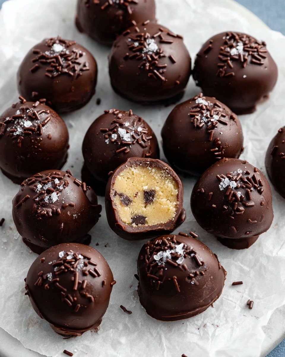 Several round chocolate truffles lay on a white marbled surface covered with white parchment paper. Each truffle has a smooth, dark chocolate coating with small chocolate sprinkles on top and a few flakes of sea salt scattered over them. Two truffles are bitten, showing a light yellowish inner layer with tiny dark chocolate chips embedded. The truffles are arranged close together in groups, and the overall look is glossy and rich. Photo taken with an iphone --ar 4:5 --v 7
