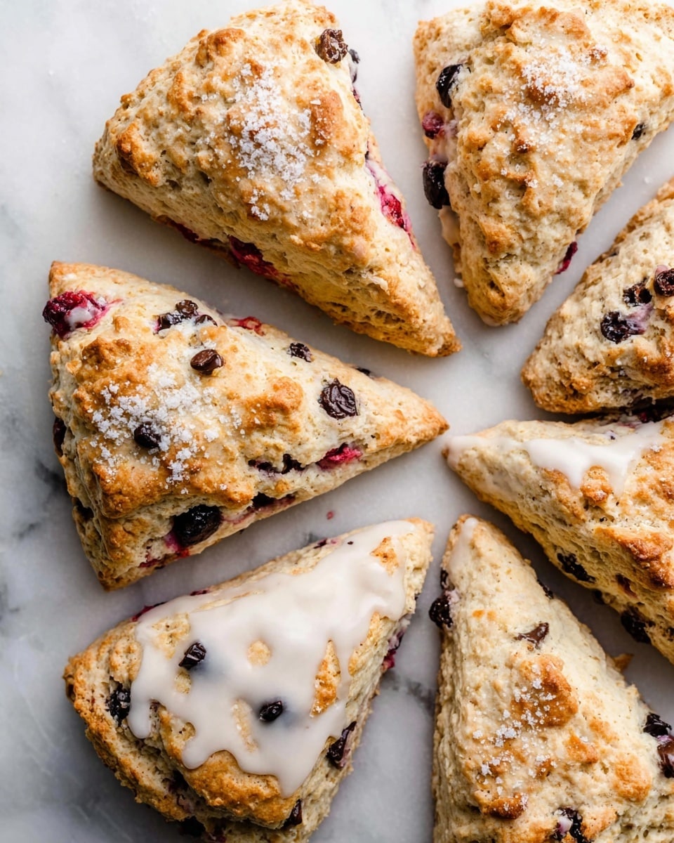 A close-up view of seven triangular scones arranged in a circle on a white marbled surface. Each scone has a golden-brown, crumbly texture with some showing visible sugar crystals on top. The scones are mixed with dark chocolate chips and berries, some of which are covered with a shiny white glaze that drips slightly down the sides. The berries inside add pops of purple and red to the light golden dough. The composition is bright with soft natural light highlighting the textures and colors of the scones. photo taken with an iphone --ar 4:5 --v 7