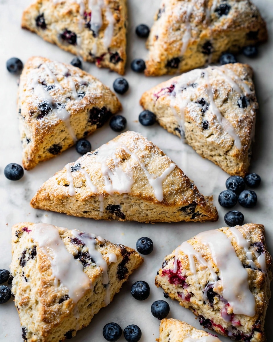 Several triangular scones are spread out on a white marbled surface. Each scone has a golden brown baked crust with some showing a light dusting of powdered sugar. The texture of the scones looks crumbly and soft, with visible dark blueberries and occasional red berry pieces inside. Many of the scones are drizzled with a white icing glaze that sits unevenly on top, creating a glossy contrast. Scattered fresh blueberries add small pops of deep blue among the scones, enhancing the fresh fruit appeal. photo taken with an iphone --ar 4:5 --v 7