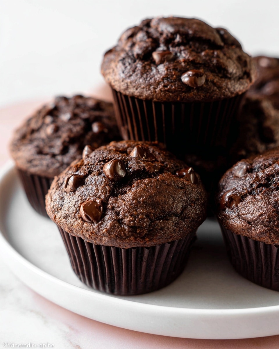 A close-up view of five dark chocolate muffins arranged on a white plate with a smooth surface, all housed in dark brown paper liners. Each muffin has a rough, cracked top texture with visible melted chocolate chips scattered unevenly across the surface, adding a glossy sheen. The muffins sit close together, filling the plate, against a clean white marbled background that brings out the deep brown colors and texture of the chocolate muffins. Photo taken with an iphone --ar 4:5 --v 7