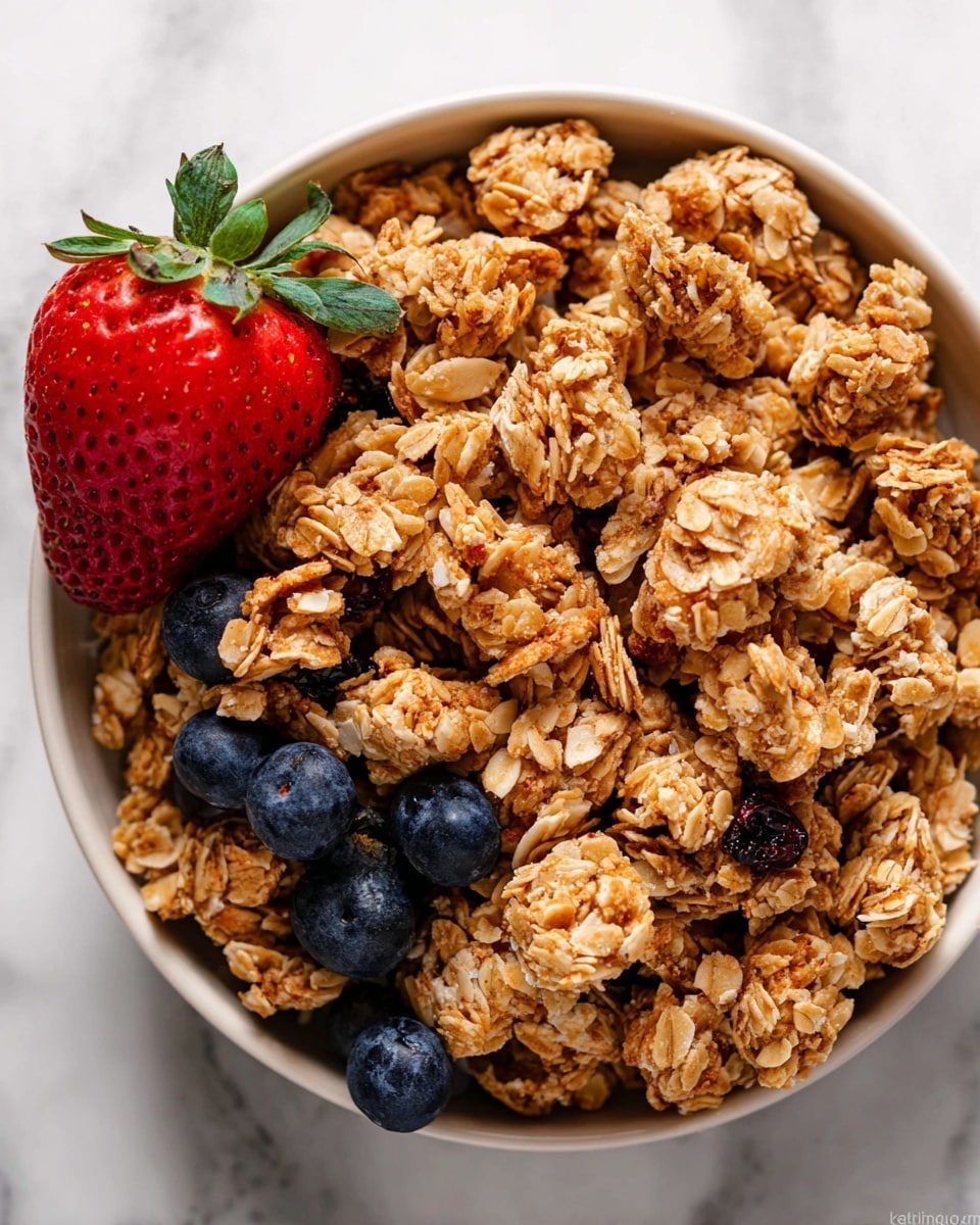 A close-up view of a white bowl filled with chunky granola pieces, each piece showing a rough texture of oats and sliced almonds mixed together in light golden brown shades. There are a few bright blueberries scattered inside the granola near the middle and lower part of the bowl. On the left side of the bowl, one large, ripe red strawberry with green leaves rests partly on the granola. The bowl sits on a white marbled surface, giving a clean and fresh look. photo taken with an iphone --ar 4:5 --v 7