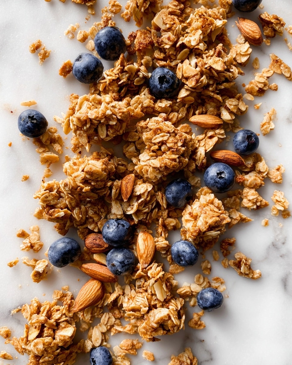The image shows clusters of golden-brown granola pieces scattered on a white marbled surface. The granola is made of oats and sliced almonds, with a crunchy texture visible in each cluster. Among the granola, there are whole, plump blueberries adding dark blue spots of color, creating a nice contrast against the tan granola and white marbled background. The granola pieces vary in size, showing natural, rough edges and some almond slices sticking out. photo taken with an iphone --ar 4:5 --v 7