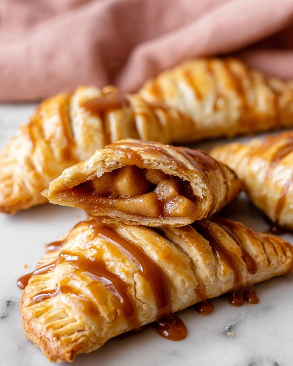 The image shows several golden brown apple turnovers with a flaky, layered crust, some drizzled with a shiny caramel sauce. One turnover is cut open at the center, revealing juicy, cinnamon-spiced apple chunks inside, with a glossy texture. The turnovers have a slightly browned, textured surface with visible crispy folds and vents. They are lying on a white marbled surface with a soft pink cloth blurred in the background. photo taken with an iphone --ar 4:5 --v 7