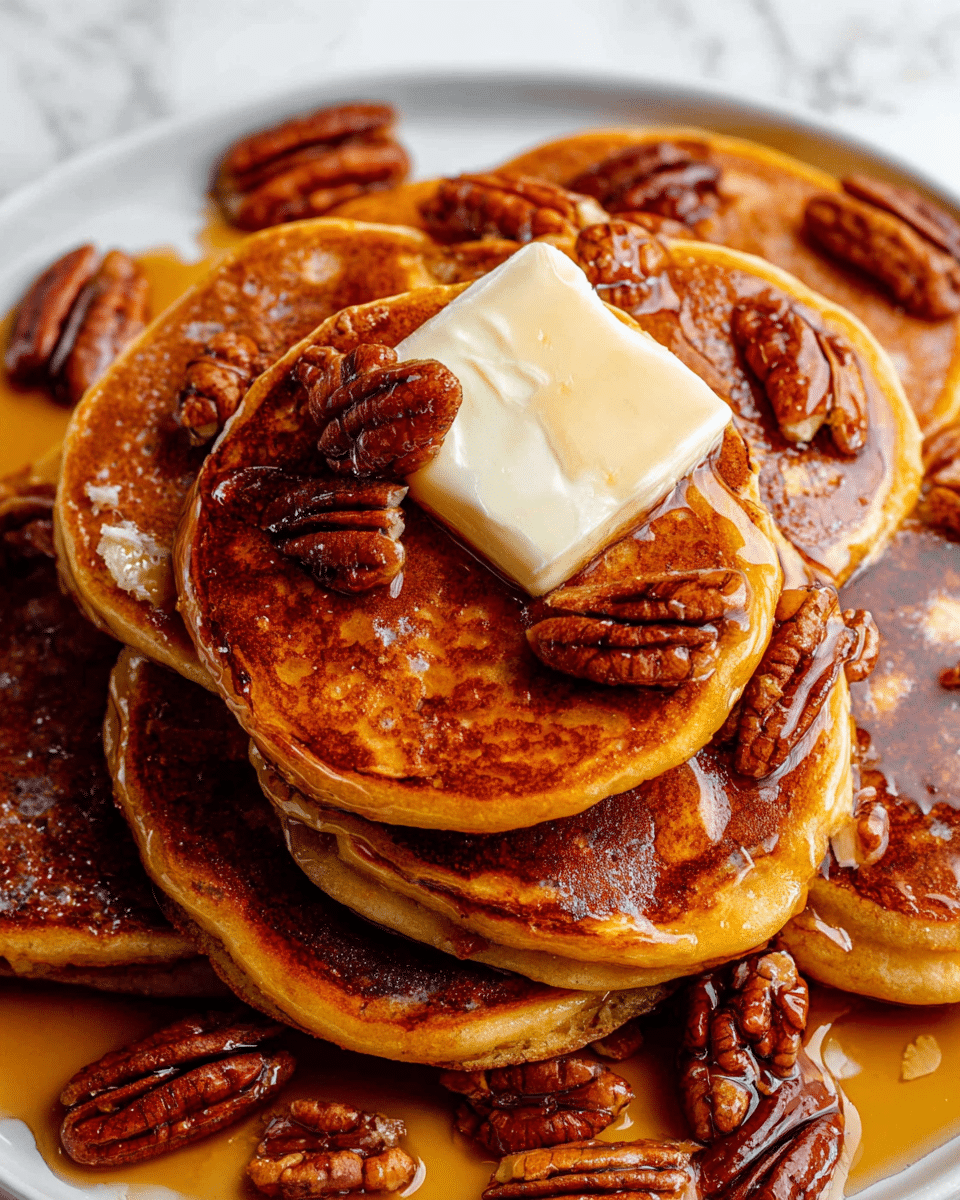 This image shows a close-up view of a stack of seven golden-brown pancakes on a white plate. The pancakes are thick with a slightly crispy edge and are drizzled with a shiny, dark amber syrup that pools on top and around them. Scattered across the pancakes and plate are whole pecans, glossy from the syrup. On the top pancake, there is a square piece of melting pale yellow butter, with syrup sliding over it. The background is a white marbled texture. photo taken with an iphone --ar 4:5 --v 7