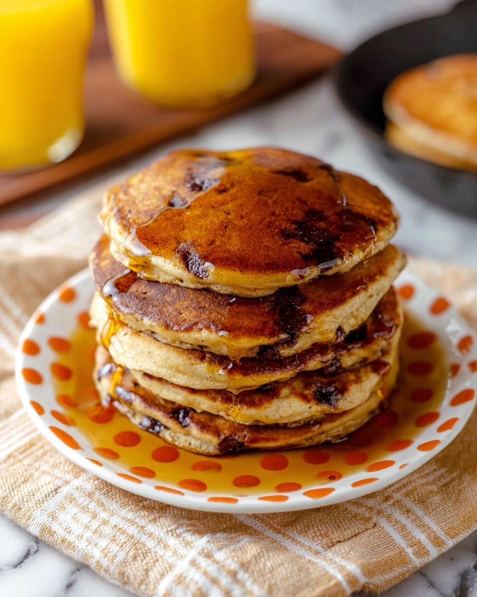 A stack of six thick pancakes with visible chocolate chips inside, showing a golden-brown color with slightly crispy edges. The pancakes are generously covered with golden syrup that glistens and drips down the sides. The stack sits on a white plate with an orange and white polka dot pattern, placed on a beige and white checkered cloth over a white marbled surface. In the background, there is a blurred glass of orange juice and a skillet with another pancake. photo taken with an iphone --ar 4:5 --v 7