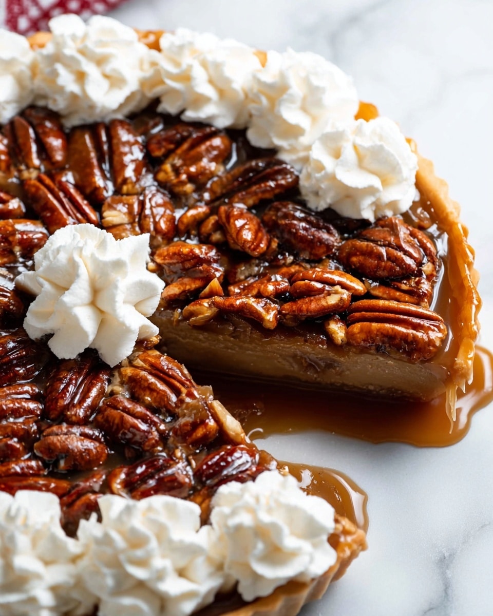 The image shows a pecan pie with a golden-brown crust as the base layer. On top of the crust is a smooth, glossy caramel layer covered with whole, shiny pecans that form the thick third layer. Around the edge of the pie, there are even dollops of white whipped cream with a textured, swirled pattern. One slice of the pie is slightly pulled out, showing the layers clearly and some of the caramel filling dripping slightly. The pie sits on a surface with a white marbled texture. photo taken with an iphone --ar 4:5 --v 7