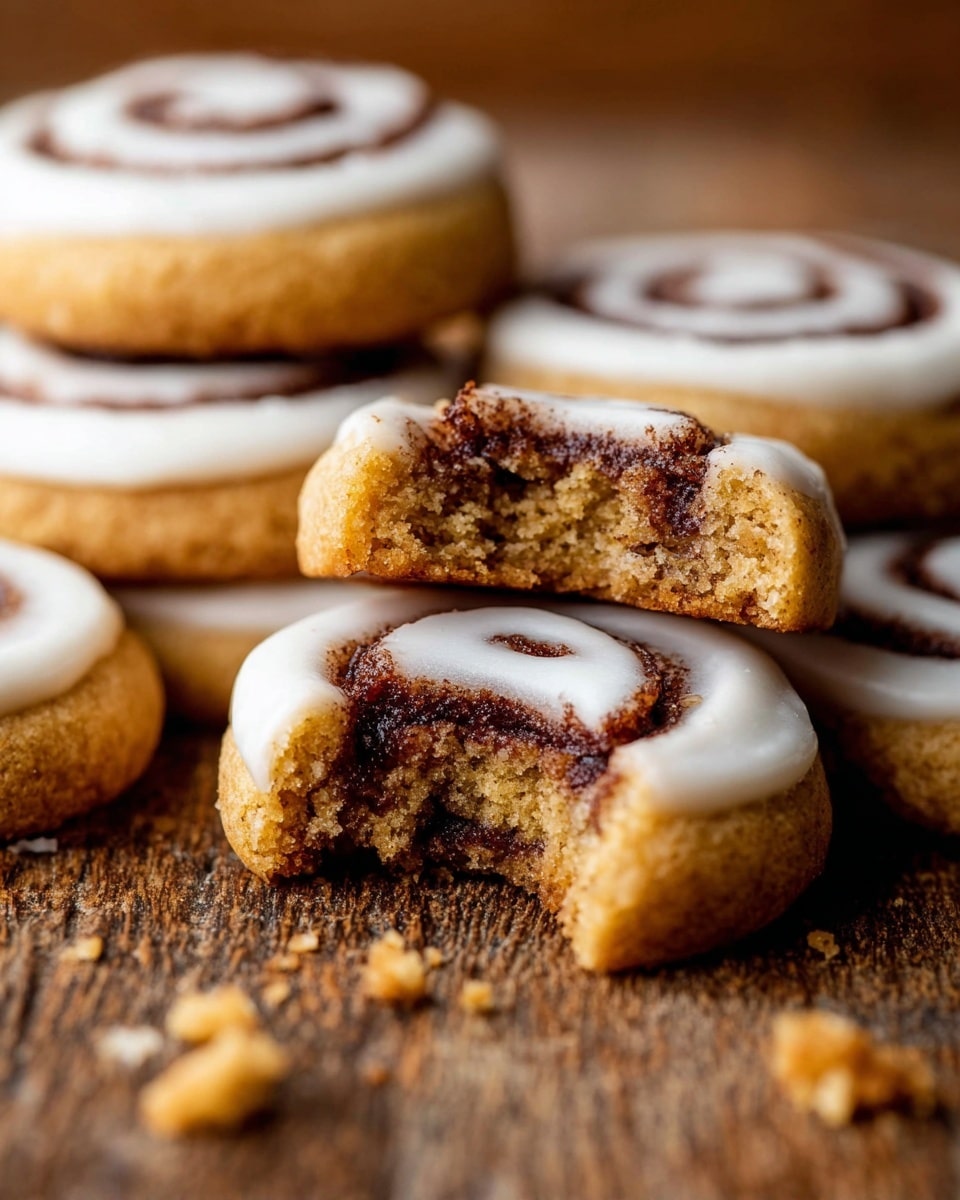 The image shows a close-up of small cinnamon roll cookies stacked on a rustic wooden surface with crumbs scattered around. Each cinnamon roll has two visible layers: a golden-brown dough layer with a tightly swirled dark brown cinnamon filling inside. On top of several cinnamon rolls, there is a smooth, white icing layer that is glossy and slightly thick, covering about half of the top surface. One cinnamon roll on top has a bite taken out, revealing the soft, crumbly inside with the cinnamon swirl clearly visible. The background is softly blurred, focusing attention on the textured rolls. photo taken with an iphone --ar 4:5 --v 7