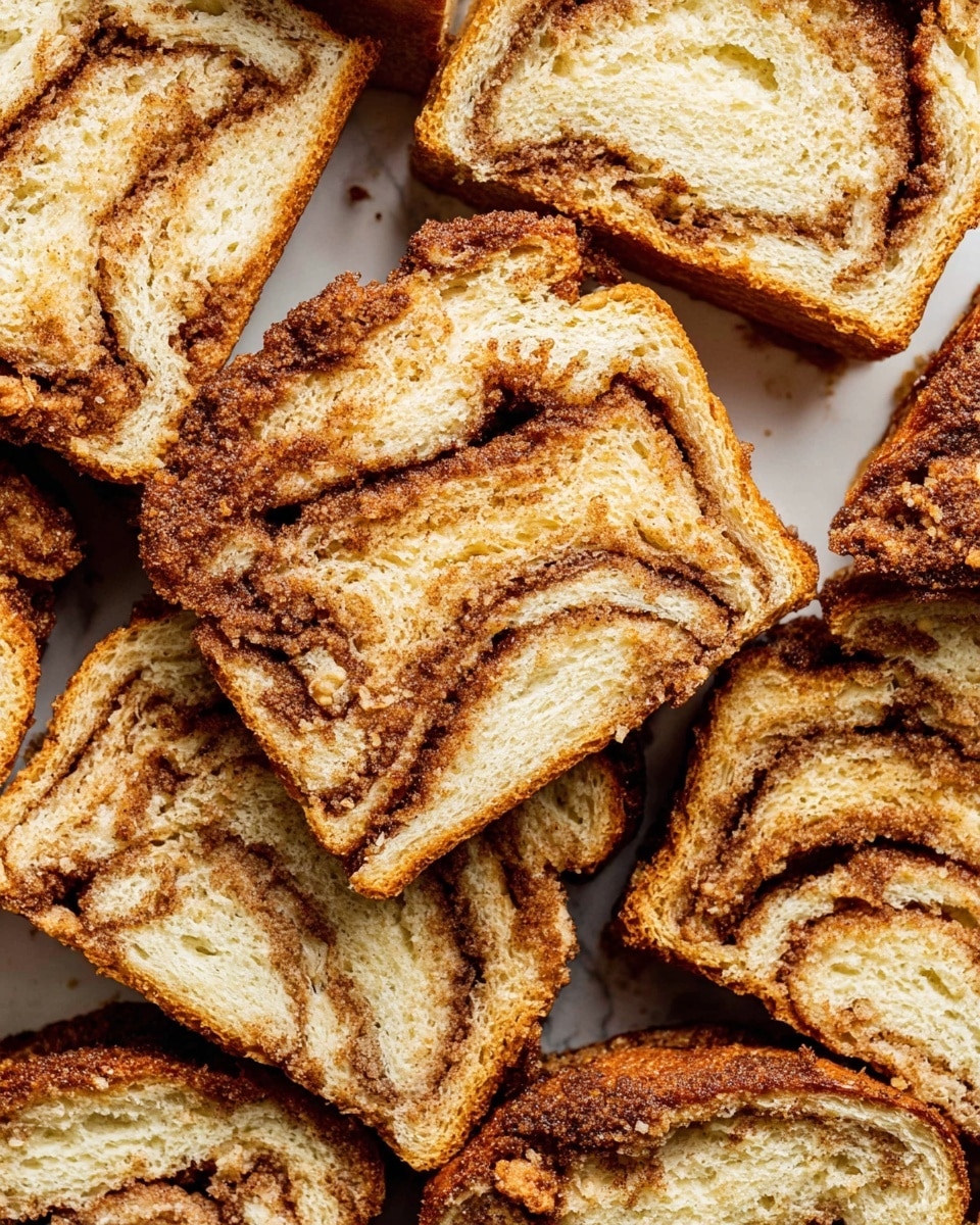 Several slices of cinnamon swirl bread are arranged closely together on a white marbled surface, showing a light golden-brown crust with a soft, fluffy interior. Each slice features 2 to 3 visible swirled layers of creamy beige dough intertwined with a rich, dark brown cinnamon sugar mix that adds a crumbly texture on the top and inside the bread. The cinnamon layers have a slightly rough texture with some scattered crumbs, contrasting with the smooth, airy bread layers. photo taken with an iphone --ar 4:5 --v 7