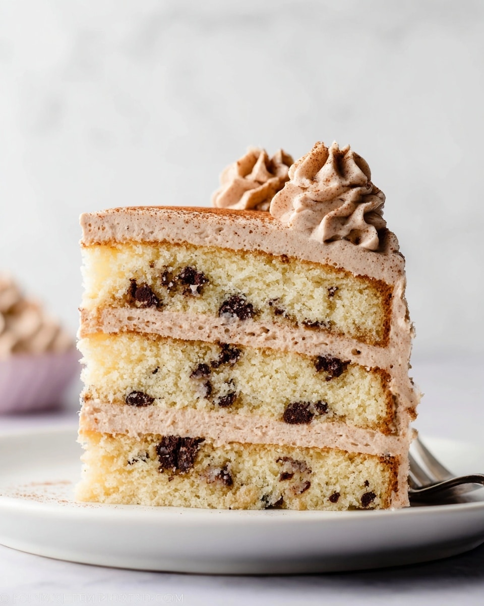 A slice of three-layer cake sits on a white plate, each layer made of light yellow sponge with small dark chocolate chips scattered inside. Between each sponge layer is a smooth light brown frosting that also covers the top, decorated with soft swirls and a dusting of cinnamon. The cake looks moist with the chocolate chips adding texture, and the frosting is creamy, holding the layers neatly together. The background is a clean white marbled texture. photo taken with an iphone --ar 4:5 --v 7