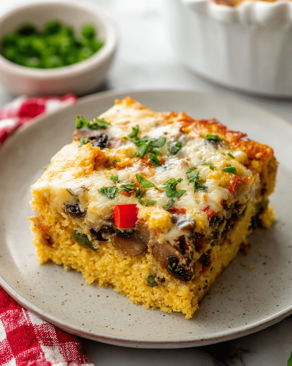A thick square slice of a layered casserole dish on a white plate shows three main layers: the bottom layer is a golden-yellow cornbread base with a crumbly texture, the middle layer is a mixed filling with small pieces of red bell pepper, mushrooms, and bits of green herbs, and the top layer is melted cheese which is creamy white and golden brown in spots with scattered green herb leaves on top. The white marbled surface beneath the plate adds subtle texture, while in the background there is a white bowl with chopped green herbs and a red and white checkered cloth partially visible. photo taken with an iphone --ar 4:5 --v 7
