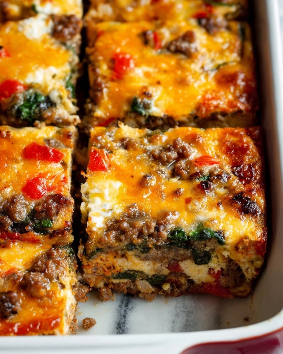 The image shows a close-up of a baked casserole cut into squares inside a white baking dish. The casserole has multiple layers: a golden, slightly crispy top layer of melted cheese with fine brown spots, mixed with red tomato pieces and bits of cooked green spinach. Below the top, there is a thick layer of cooked ground meat with bits of green pepper and onion. The texture looks soft and moist with some browned edges. The casserole is on a white marbled surface. Photo taken with an iphone --ar 4:5 --v 7