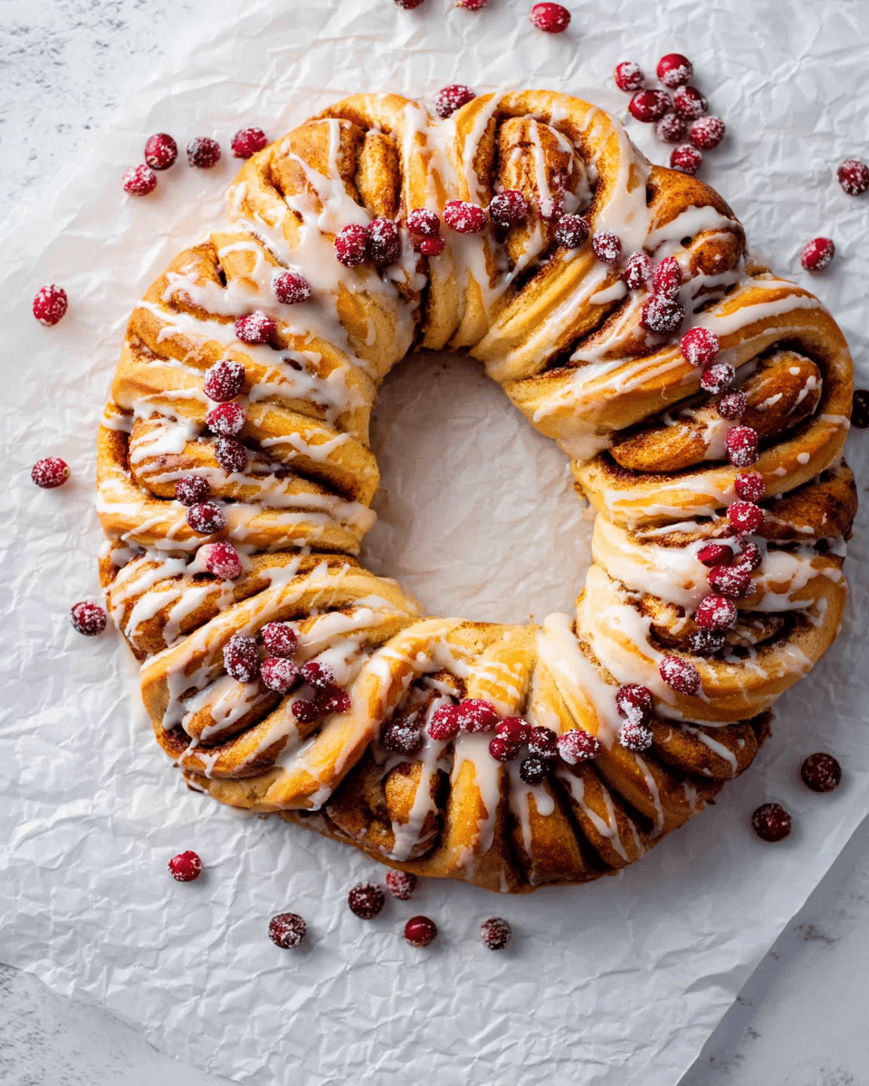 A round cinnamon roll wreath arranged in a circular shape on crumpled white parchment paper placed over a white marbled surface, with about sixteen twisted layers showing golden-brown baked dough and darker cinnamon swirls inside each twist, covered lightly with a shiny white icing drizzle that pools slightly in the center, scattered with small, bright red cranberries on top and around the wreath, creating a festive look photo taken with an iphone --ar 4:5 --v 7