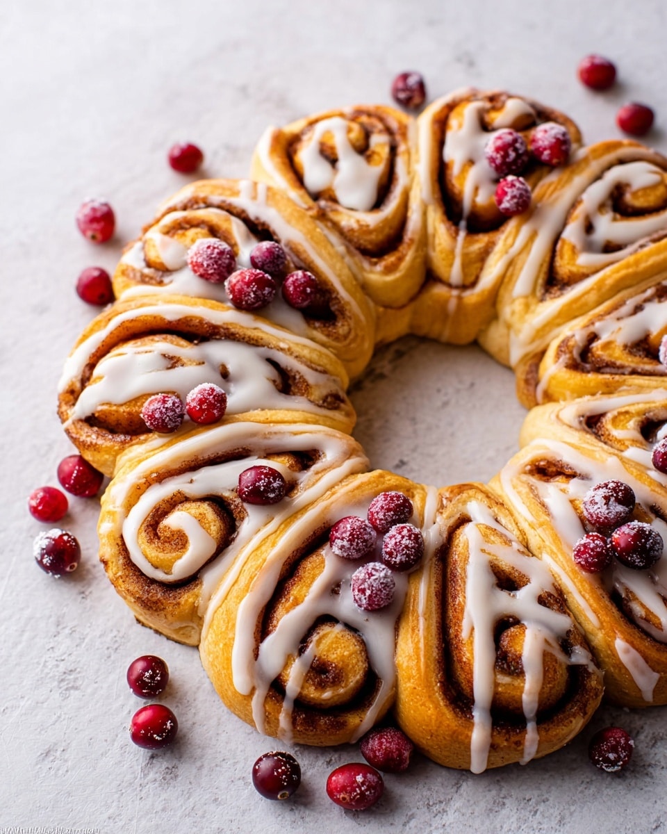 A wreath made of cinnamon rolls arranged in a circle showing several spiral layers of golden brown dough with dark cinnamon filling in between. Each roll is topped with a white icing drizzle that glistens softly and small scattered red cranberries sit on and around the wreath. The wreath rests on a white marbled textured surface that softens the overall look and adds brightness to the warm tones of the cinnamon rolls and the berries. Photo taken with an iphone --ar 4:5 --v 7