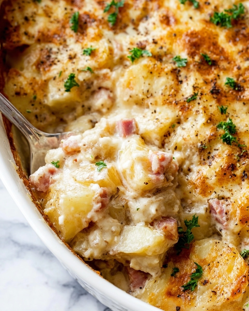A close-up image of a creamy baked dish in a white dish, showing soft, uneven chunks of light beige potatoes mixed with small pieces of pink ham. The top layer is golden brown with melted cheese and sprinkled black pepper and green parsley. A silver spoon scoops some of the mix, revealing the creamy texture and bits of sauce between the potatoes and ham. The dish looks warm and rich with small bits of herb scattered. The background shows a white marbled texture. Photo taken with an iphone --ar 4:5 --v 7