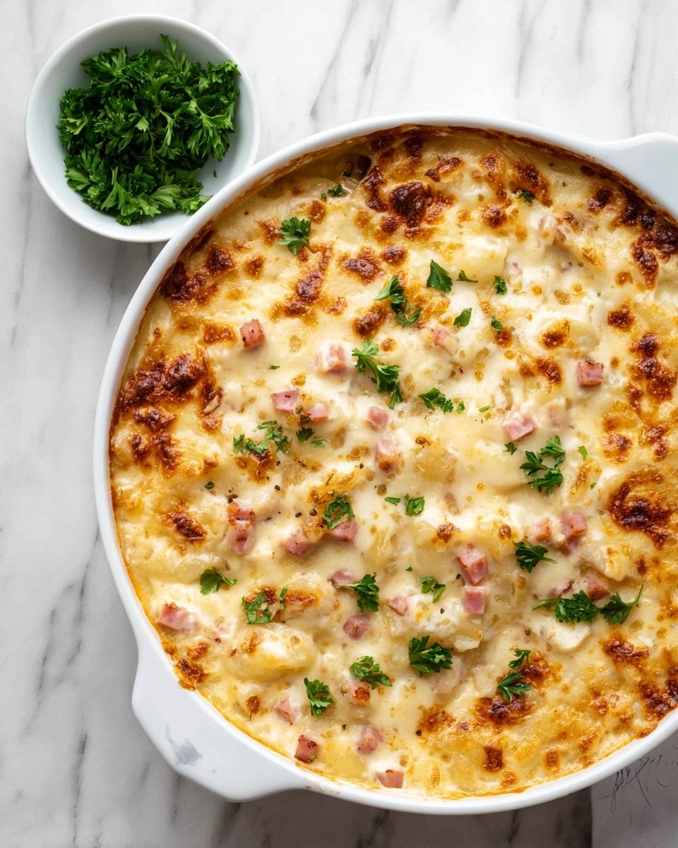 A white round casserole dish filled with a creamy, golden-brown potato bake showing about two visible layers; the top layer is melted cheese with small browned spots, scattered green parsley leaves, small light pink cubes of ham, and bits of soft white potato cubes in a creamy sauce. The edges have a slightly crispy browned texture. Next to the dish is a small white bowl filled with fresh green parsley leaves. The whole scene is set on a white marbled surface. photo taken with an iphone --ar 4:5 --v 7