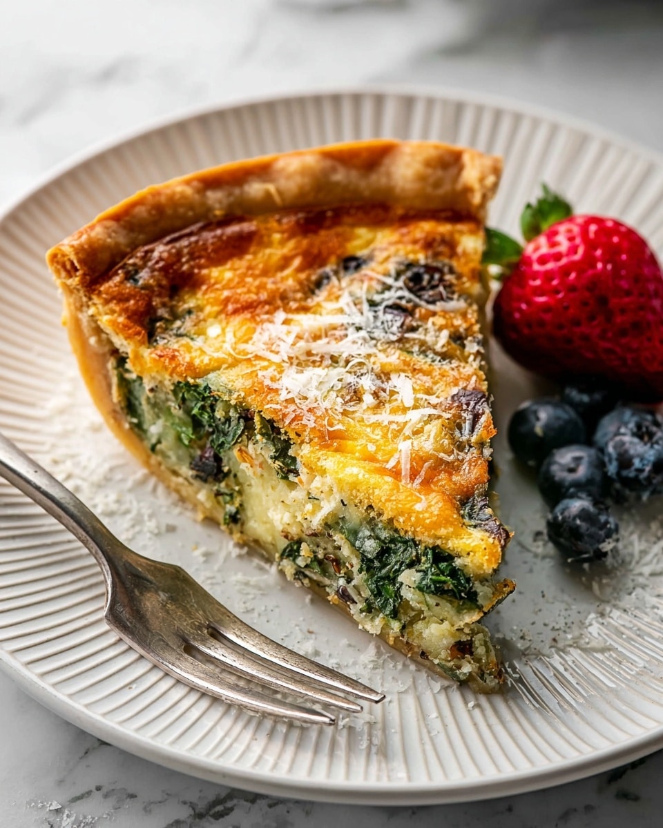 A slice of pie sits on a white plate with ridged edges, resting on a white marbled surface. The pie has three visible layers: a thick, golden-brown crust on top with a slightly flaky texture, a cheesy middle layer with patches of orange and light browns, and a green leafy vegetable layer beneath, mixed with cheese and small specks of seasoning. The top of the slice is sprinkled with white grated cheese. On the side of the plate, there is a fresh strawberry with its green stem, accompanied by several blueberries. A fork is placed near the edge of the plate. Photo taken with an iphone --ar 4:5 --v 7