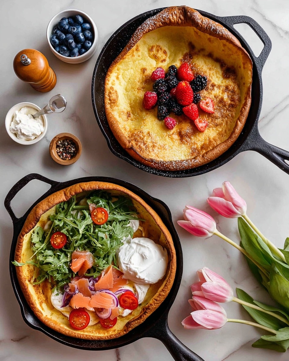 The image shows two cast iron skillets on a white marbled surface. The top skillet contains a golden brown Dutch baby pancake with a puffy, crisp edge. It is topped with a small pile of mixed berries including strawberries, raspberries, and blueberries on the left, and a dollop of whipped cream on the right. The bottom skillet holds a savory Dutch baby that is slightly browned with a puffy edge. It is layered with fresh arugula, thin slices of pink smoked salmon, pickled red onions, halved cherry tomatoes, and two dollops of soft white cream. Nearby are a small white bowl of blueberries, a small wooden bowl of whipped cream, a pepper grinder, a white plate with smoked salmon and cherry tomatoes, and three pink tulips on the right. Photo taken with an iphone --ar 4:5 --v 7