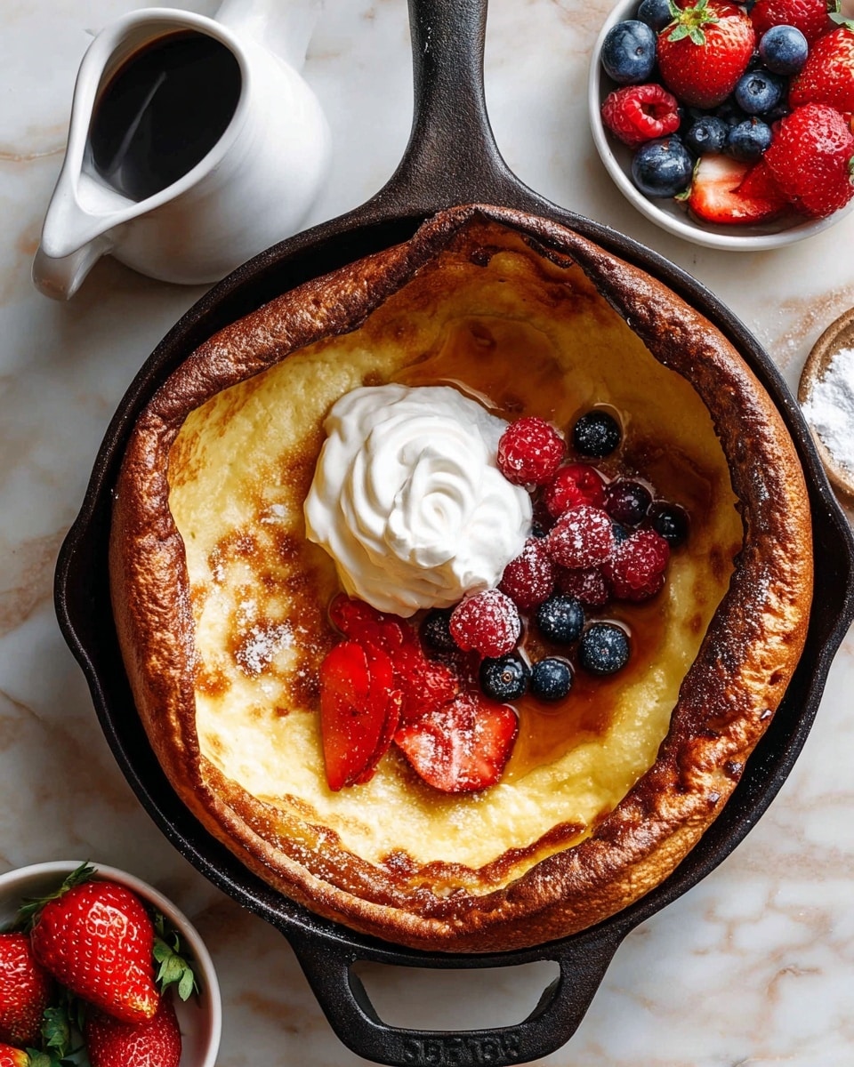 A golden-brown Dutch baby pancake in a black cast iron pan with thick, puffed edges and a slightly glossy, smooth center. On top, there is a swirl of white whipped cream placed slightly off-center, surrounded by a small pile of red raspberries, a few dark blue blueberries, and halved bright red strawberries. The pancake’s center also has a bit of shine from syrup or melted butter. Around the pan, there are small bowls filled with fresh strawberries and raspberries, blueberries, and a small white jug filled with dark syrup, all placed on a white marbled surface. Photo taken with an iphone --ar 4:5 --v 7