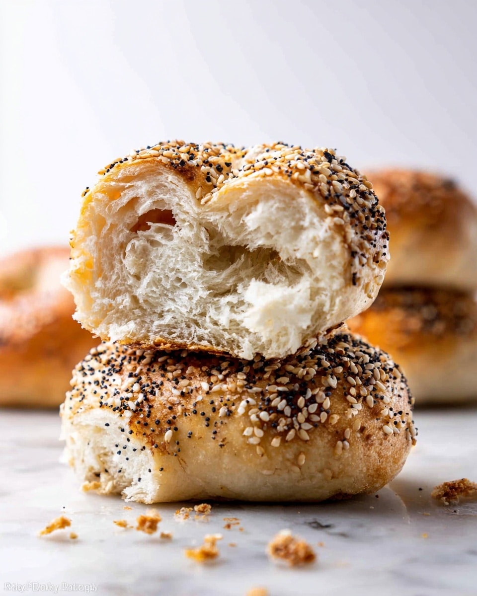 Two bagel halves stacked on a white marbled surface, the top one covered with golden toasted sesame seeds and showing a soft, airy, and light creamy interior texture with visible layers of dough. The bottom bagel half has a mix of black poppy seeds and sesame seeds on its shiny golden brown crust, with a similar soft inside. There are scattered seeds and a few crumbs around the bagels, highlighting their fresh, baked look. photo taken with an iphone --ar 4:5 --v 7