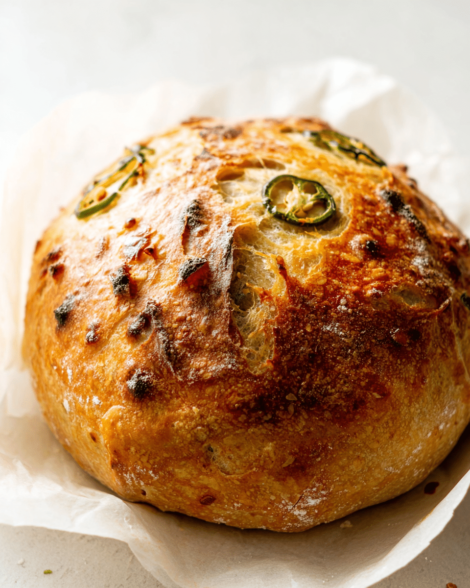 A round, golden-brown loaf of bread rests on white parchment paper, showing a lightly crispy crust with a slightly uneven texture. The loaf is studded with slices of green jalapeño peppers, some peeking out on top, adding specks of dark green and yellow to the surface. The crust has small patches of flour and a few areas that look slightly darker from baking. The background is a white marbled texture. photo taken with an iphone --ar 4:5 --v 7