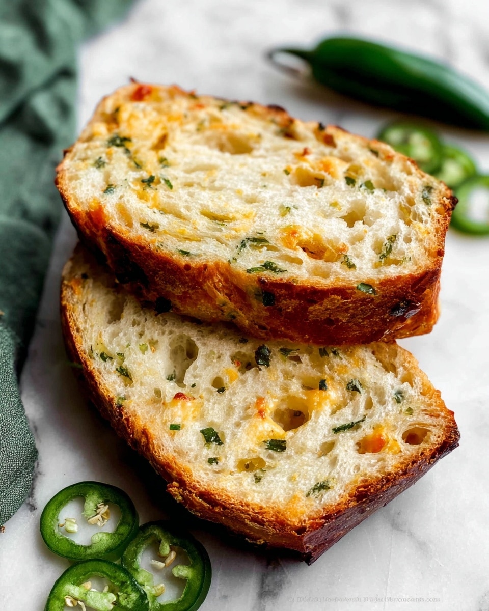This image shows two thick slices of bread with a golden brown crust and a soft inside dotted with bits of green herbs and melted cheese. The bread texture looks airy and light, with many small holes on the surface. The slices are placed on a white marbled surface, with some slices of green chili pepper nearby. A green cloth is slightly visible in the top left corner. Photo taken with an iphone --ar 4:5 --v 7