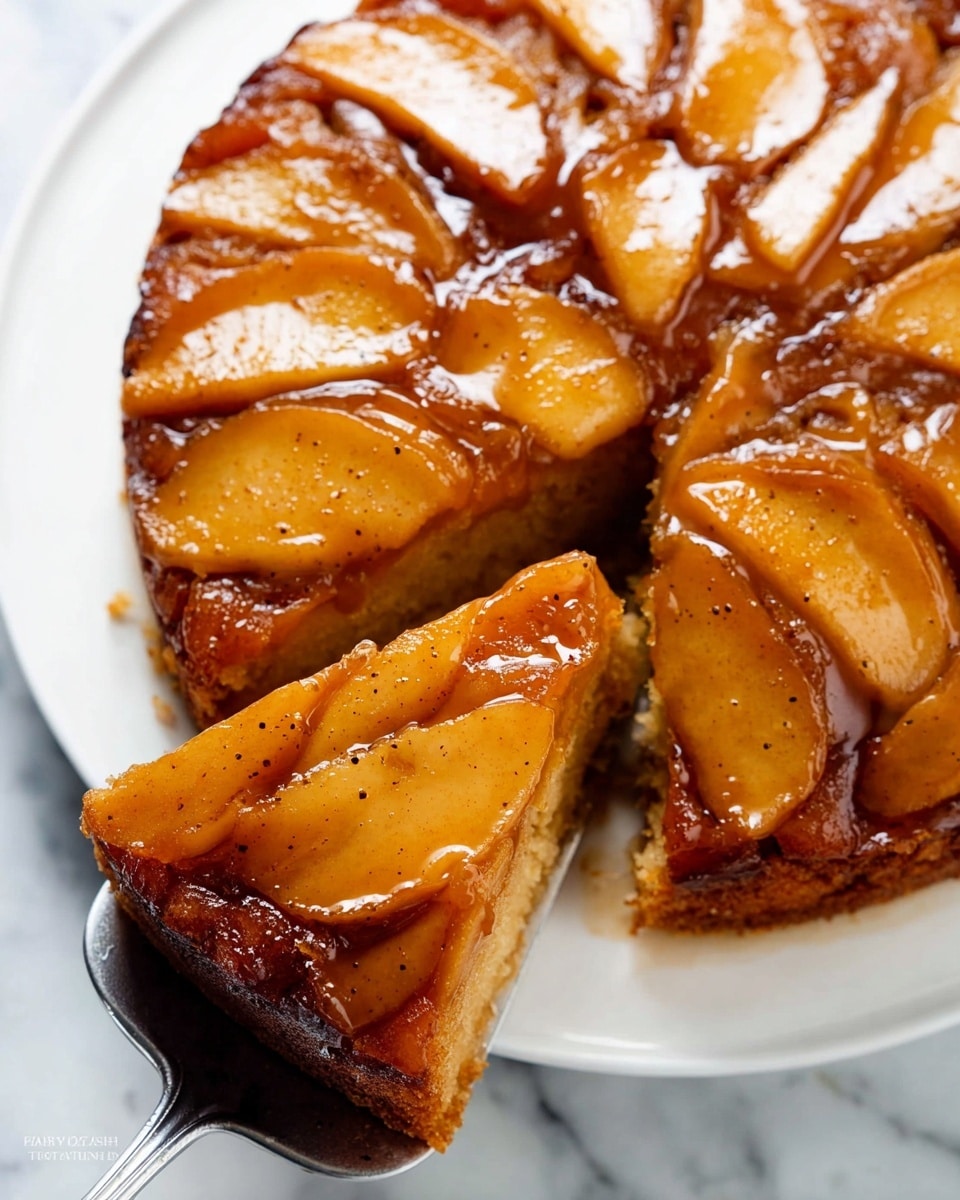 The image shows a close-up of a sliced apple upside-down cake placed on a white plate on a white marbled surface. The cake has a rich, golden brown base that looks moist and dense. On top, there are two layers of glossy, caramelized apple slices arranged in a circular pattern, each slice glistening under a shiny caramel glaze with visible specks of cinnamon, adding to the warm brown color. A cake server with a silver handle is lifting one slice, showing the contrast between the soft fruit topping and the thick cake beneath. The photo taken with an iphone --ar 4:5 --v 7