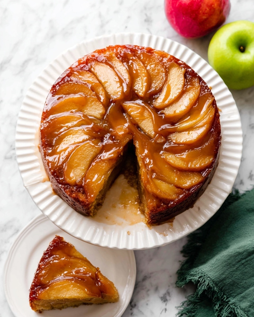 A round apple upside-down cake with a shiny caramel glaze sits on a white fluted plate on a white marbled surface. The cake has a top layer of soft golden-brown apple slices arranged in a circular pattern, covered with smooth, glossy caramel. The cake layer underneath is rich brown and moist, visible where a large slice has been cut and removed. On the left side, the slice is placed on a small white plate, showing the same layers of caramel-coated apples and the thick, dark cake base. In the background, there are two whole apples, one red and one green, and a green cloth napkin lies on the lower right corner. Photo taken with an iphone --ar 4:5 --v 7