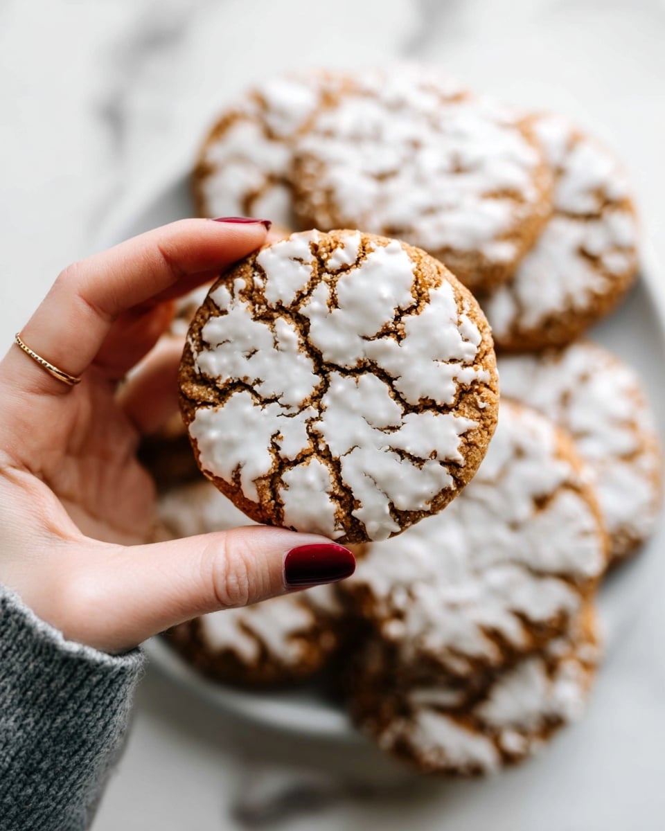 A close-up shows a woman's hand holding a round cookie with a cracked top layer covered in uneven white icing. The cookie has a warm brown color beneath the icing layer, visible through the cracks. In the background, several similar cookies with the same textured white icing are stacked on a white plate, all placed on a white marbled surface. The woman's nails are painted a dark red color, and she wears a gray sleeve. photo taken with an iphone --ar 4:5 --v 7