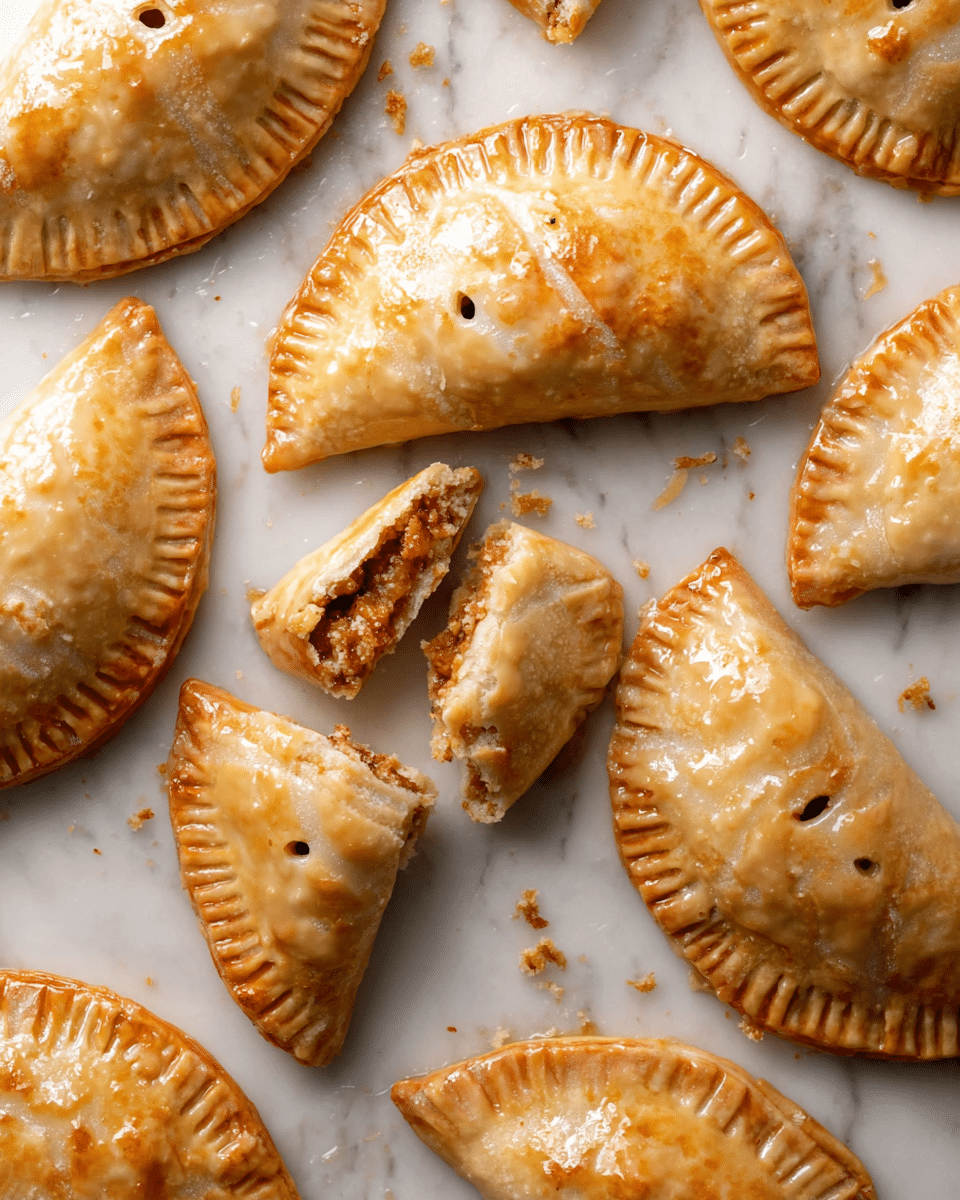 The image shows several golden brown hand pies with a shiny light beige glaze on top, placed flat on a white marbled surface. Each hand pie is semi-circular with crimped edges. Some are whole with small vent holes, while others are partially broken, showing a thick, textured, reddish-brown filling inside. Drops of glaze and small crumbs are scattered around the pies, adding a natural touch to the arrangement. The light source softly highlights the slight glossiness and flaky texture of the crust. photo taken with an iphone --ar 4:5 --v 7