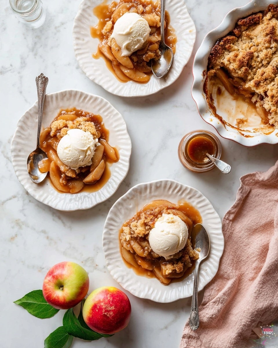 Three white scalloped plates each hold a serving of apple cobbler with a golden-brown baked crust that has a rough, crumbly texture on top. Underneath the crust is a warm layer of soft, cinnamon-spiced apple slices in a glossy caramel sauce that slightly spills onto the plates. Each cobbler portion is topped with a round scoop of creamy white vanilla ice cream, starting to melt down the warm dessert. Two silver spoons rest beside two of the plates. In the top right, a white fluted baking dish filled with the same apple cobbler is partially visible, showing a bubbly, browned crust. Nearby, a fresh red and yellow apple with green leaves and a small glass jar of caramel sauce with a spoon inside add to the rustic setting on a white marbled surface. A light pink cloth with subtle texture is casually placed on the right side. Photo taken with an iphone --ar 4:5 --v 7